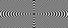 Optical Illusion Background. Black And White Abstract Distorted Concentric Lines Surface. Poster Design. Radial Torsion Spiral Illusion Wallpaper. Vector Art Illustration