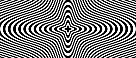 optical illusion background. black and white abstract distorted concentric lines surface. poster des