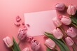 Top view of lovely tulip flowers on pink backdrop with greeting card template. Generative AI