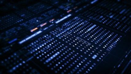 Advance data matrix, telemetry and encrypt numbers simulation user interface display in cyber space abstract de-focus environment background