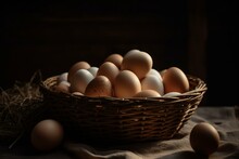 Close-up Of Homemade Chicken Eggs In A Basket Under Soft Lighting. Generative AI