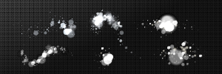 Poster - realistic set blurred silver white lights sparkling on black background. vector illustration of abst