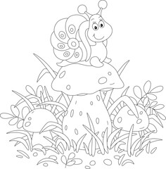 Wall Mural - Friendly smiling little snail on a large cap of a cep mushroom among grass on a summer forest glade, black and white outline vector cartoon illustration for a coloring book