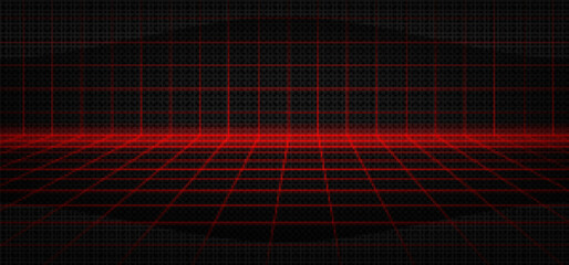 Poster - Red laser grid cyber newretrowave 3d background. Neon digital room with vaporwave and square cell wireframe. Futuristic retro mesh dimension pattern with floor. Geek outline aesthetic texture design
