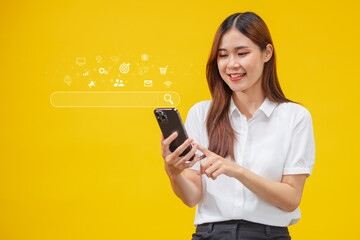 Asian women using a Smathphone for analysis SEO Search Engine Optimization Marketing Ranking Traffic Website Internet Business Technology Concept.