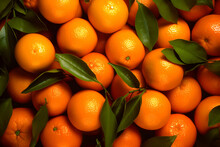 Background Of Fresh Mandarins Or Oranges With Green Leaves. Generative AI