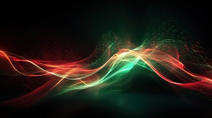 Abstract futuristic background with red and green glowing neon moving high speed wave lines and bokeh lights. Visualization of sound waves. Data transfer concept. Fantastic wallpaper. Generative AI