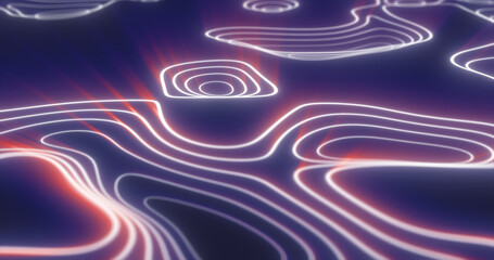 Wall Mural - Abstract purple futuristic hi-tech landscape with mountains and canyons from glowing energy circles and magic lines background
