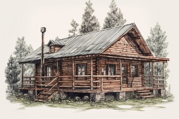 Wall Mural - Detailed drawing of a simple wood cabin in the forest on white background. Generative AI
