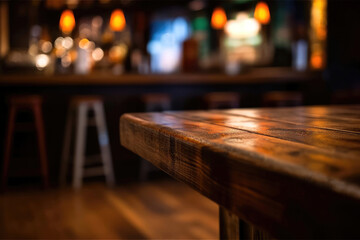Poster - Empty wooden table in front of abstract blurred background of bar or pub. High quality photo