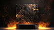 Black marble podium surrounded by blazing flames. Minimalistic scene for product presentation. Generative art