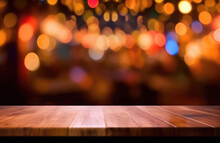 Empty Wooden Table Over Bokeh Lights Background, Product Display Montage. High Quality Photo