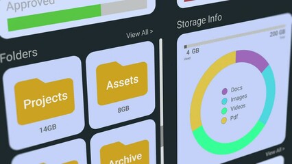 Sticker - dashboard document management system software, charts and statistics on documents, corporate business, digital documents storage and organizations, paperless office, cloud computing (3d render)