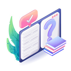 Poster - 3D Isometric people character illustration. Cartoon Concept of online education. Book pages and question mark, learning resources, exam preparation, review knowledge. Vector for website