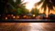 Wooden table and blur beach cafes background with bokeh lights. High quality photo