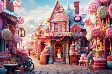 Cartoon fantastic candy land landscape with sweet castle. Generative AI illustration with gingerbread houses of a fairy kingdom, ice cream trees.