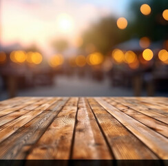 Aufkleber - Empty wooden table for product display montages. Blurred cafes outdoor background. High quality photo
