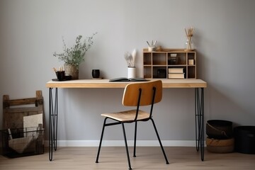 Wall Mural - Cute Single Desk with Wall Copy Space. Single Desk for a Minimalist Home Office. Single Desk for a Stylish Home Office. 