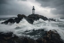 Abandoned Lighthouse, With Waves Crashing Against The Rocks Below, In Stormy Weather, Created With Generative Ai