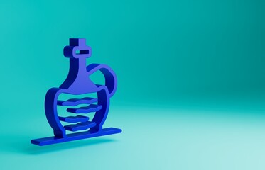 Canvas Print - Blue Wine in italian fiasco bottle icon isolated on blue background. Wine bottle in a rattan stand. Minimalism concept. 3D render illustration