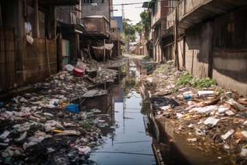 Canvas Print - polluted waterway, with floating trash and debris, created with generative ai