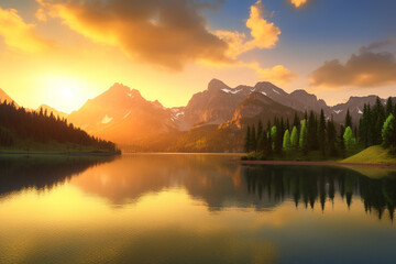 Wall Mural - a beautiful sunset over a lake with mountains in the background