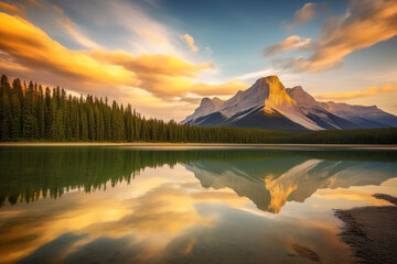 Wall Mural - a beautiful sunset over a lake with mountains in the background