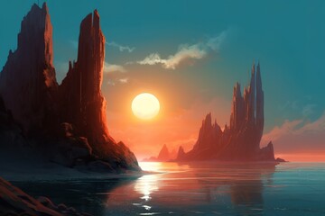 Wall Mural - a picture depicting the setting sun over a body of water Generative AI
