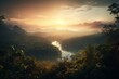 Illustration of sunrise over Amazon rainforest with mountains, river, steam and greenery. Generative AI