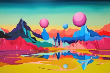 Poster - abstract landscape with surreal floating objects and vibrant colors, created with generative ai