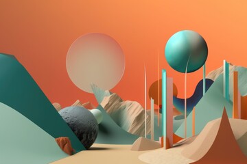 Wall Mural - abstract and surreal landscape with floating objects, shapes, and colors, created with generative ai