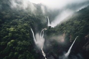 Canvas Print - majestic waterfall with aerial view of its misty surroundings, created with generative ai