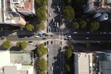 Wall Mural - drone flyover of a busy city street, with the view from above showing cars and people in motion, created with generative ai