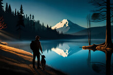 Man With A Dog In Nature. Hunting Vector Illustration.