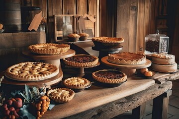 Sticker - a rustic wooden table with a variety of pies and tarts on display, created with generative ai