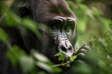 Canvas Print - gorilla picking berries from bush in the forest, created with generative ai