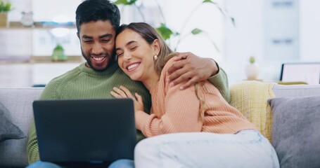 Poster - Happy, love and couple on a sofa, laptop and bonding at home, relax and talking in the living room. Hug, man and woman on a couch, pc and technology in living room, search internet and quality time