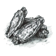 A hand-drawn sketch of some chicken wings, hot wings in black and white – AI generative. Perfect for food lovers and art enthusiasts alike!