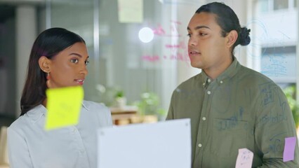 Poster - Teamwork, ideas or Indian woman writing on glass board for problem solving or business project strategy. Focus, board or creative people planning innovation, vision or solutions together in office