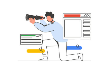 Searching opportunities outline web concept with character scene. Man looks into spyglass, choosing goal. People situation in flat line design. Illustration for social media marketing material.