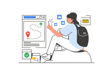 Poster - Traveling outline web concept with character scene. Woman with backpack tracking route in mobile app. People situation in flat line design. Illustration for social media marketing material.