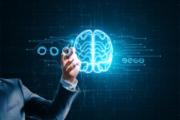 Aufkleber - Business analysis, innovation and artificial intelligence concept with businessman hand using stylus on virtual touch screen with digital glowing human brain on dark circuit background