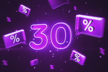 Aufkleber - Online shopping, discount and sale concept with purple digital glowing 30 icon on dark background with speech bubbles with percent sign. 3D rendering