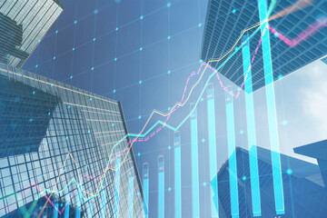 Aufkleber - Abstract growing business chart grid on blurry city wallpaper. Corporate growth plan and company development concept. Double exposure.