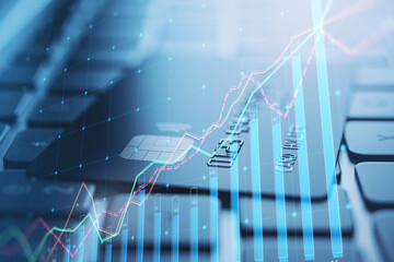 Aufkleber - Close up of laptop with bank card and growing business chart grid on blurry backdrop. Corporate growth plan and company development concept. Double exposure.