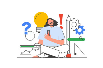 Poster - Science outline web concept with character scene. Man making tests, researching and experimenting in lab. People situation in flat line design. Illustration for social media marketing material.
