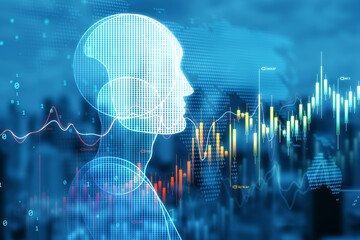 Poster - Stock and forex trading by artificial intelligence and machine learning concept with robot silhouette side view on digital screen with financial graphs on dark blurred city background, double exposure