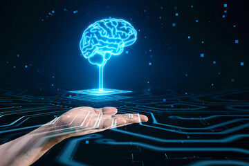 Poster - Artificial intelligence, science, innovations and network technologies concept with digital blue glowing human brain on platform above man hand on abstract dark technological background with circuit