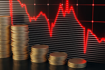 Aufkleber - Stacked golden coins with falling red forex chart on dark texture. Crisis and recession concept. 3D Rendering.