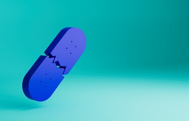 Canvas Print - Blue Broken skateboard deck icon isolated on blue background. Extreme sport. Sport equipment. Minimalism concept. 3D render illustration